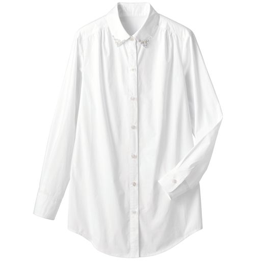 49%OFF【レディース】 衿ビジュー付ロングシャツ - セシール ■カラー：オフホワイト ■サイズ：S