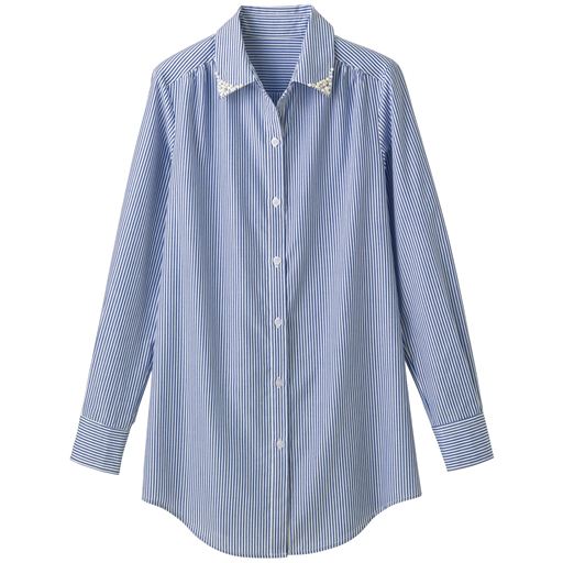 49%OFF【レディース】 衿ビジュー付ロングシャツ ■カラー：ストライプ(オフホワイト×ブルー) ■サイズ：S