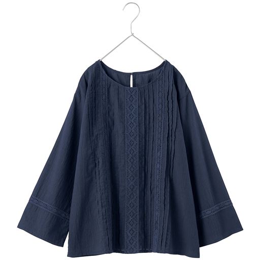 50%OFF【レディース】 ピンタックレースブラウス - セシール ■カラー：ミッドナイトブルー ■サイズ：M
