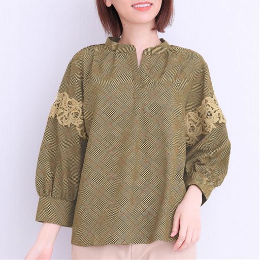  50%OFF【レディース】スキッパーレースストレッチブラウス - セシール ■カラー：チェック(ベージュ系) ■サイズ：SML