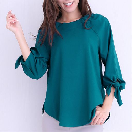 60%OFF【レディース】 リボンスリーブストレッチブラウス ■カラー：ティールグリーン ■サイズ：M,L