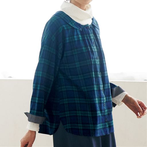 60%OFF【レディース】 綿100%やわらかネル素材のフラットカラーブラウス - セシール ■カラー：チェック ■サイズ：S,M,L