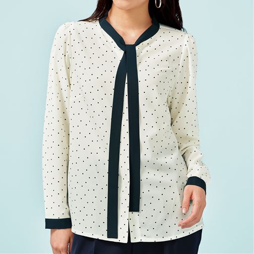 50%OFF【レディース大きいサイズ】 配色リボンタイブラウス - セシール ■カラー：ミズタマ ■サイズ：L,LL,3L,4L,5L,6L