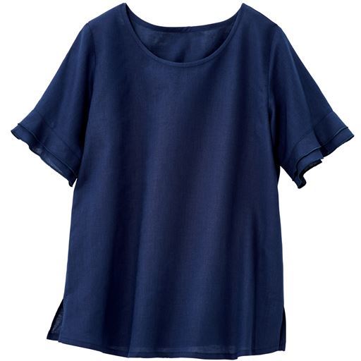 40%OFF【レディース大きいサイズ】 【ぽっちゃりさんサイズ】麻混フリルTブラウス - セシール ■カラー：ネイビー ■サイズ：L,LL,3L,6L