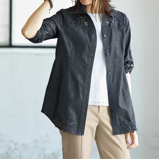 56%OFF【レディース】 レース使いシャツチュニック - セシール ■カラー：インディゴ ■サイズ：M,L,LL
