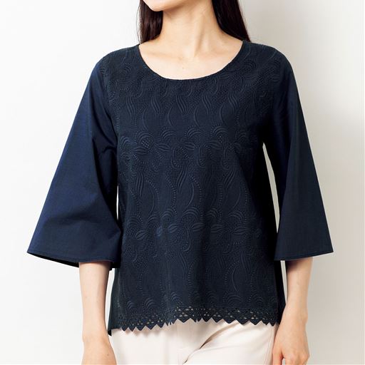 50%OFF【レディース】 ベルスリーブレースブラウス - セシール ■カラー：ミッドナイトブルー ■サイズ：M,L