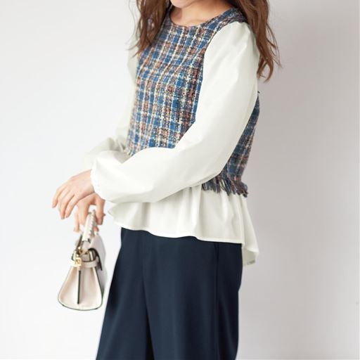45%OFF【レディース】 ツイードドッキングブラウス ■カラー：ブルー系 ■サイズ：M,L,LL