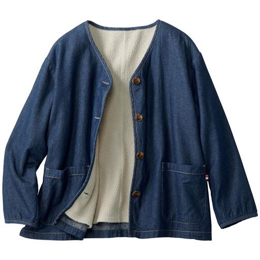 【レディース】 裏ボアデニムノーカラーシャツ - セシール ■カラー：インディゴブルー ■サイズ：M,L,LL,3L