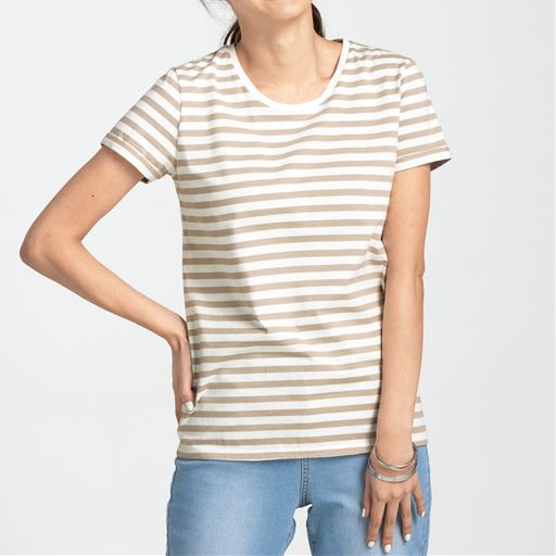 30%OFF【レディース】 クルーネックTシャツ(綿100%・半袖) ■カラー:ボーダーB(オフホワイト×モカベージュ) ■サイズ:M,LL,S,L,3L,4L-5L