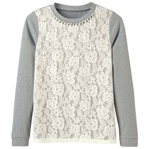 69%OFF【レディース】 レース&ビジュー使いテレコプルオーバー - セシール ■カラー：グレー ■サイズ：S