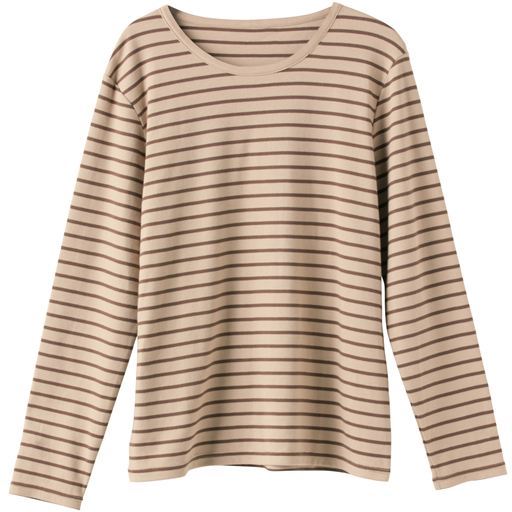 【レディース】 あったかシンプルTシャツ(S-5L・綿100%・蓄熱保温) ■カラー:ボーダーB(ベージュ×ブラウン ■サイズ:S,M,L,LL,3L,4L-5L