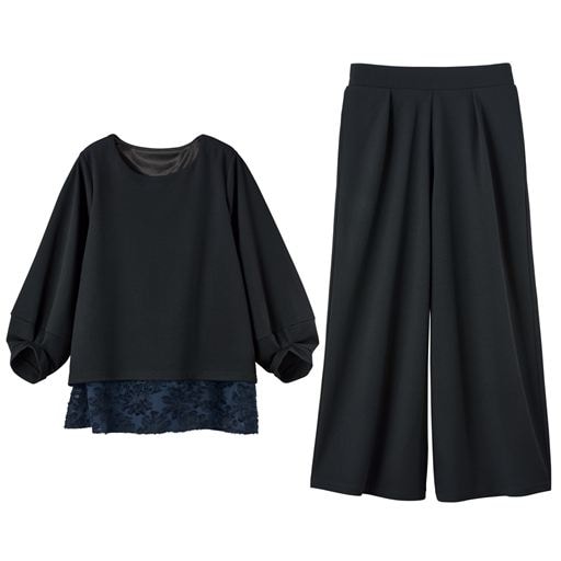 69%OFF【レディース】 2点セット(プルオーバー+ワイドパンツ) - セシール ■カラー：ブラック ■サイズ：S,M