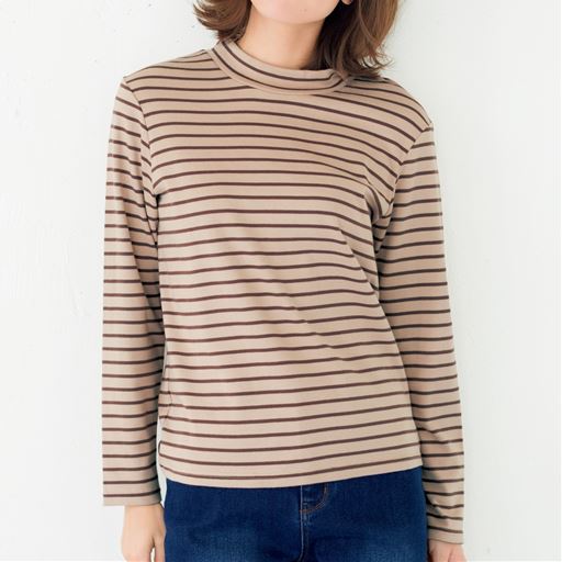 【レディース】 あったかシンプルハイネックTシャツ(S-5L・綿100%・蓄熱保温) ■カラー:ボーダーB(ベージュ×ブラウン ■サイズ:S,M,L,LL,3L,4L-5L