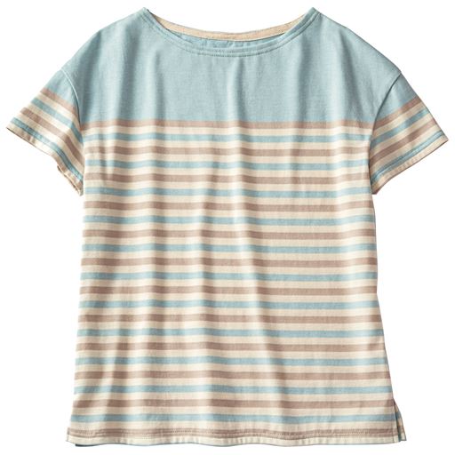 【レディース】 ボートネックボーダーTシャツ(S-5L・半袖・2丈展開) ■カラー:ミントブルー×ベージュ×キナリ ■サイズ:S-ロング,M-ロング,S-レギュラー,LL-レギュラー,L-ロング,L-レギュラー,3L-ロング,LL-ロング,4L-5Lロング,M-レギュラー,3L-レギュラー,4L-5Lレギュラー,4L-5L-レギュラー