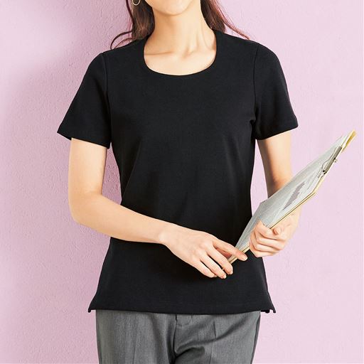 【レディース】 透けにくいクルーネックプルオーバー(半袖)(事務服・洗濯機OK) - セシール ■カラー：ブラック ■サイズ：M,L,LL,3L