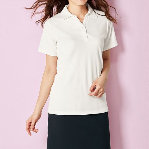 【レディース】 透けにくい衿付きプルオーバー(半袖)(事務服・洗濯機OK) ■カラー：オフホワイト ■サイズ：S,M