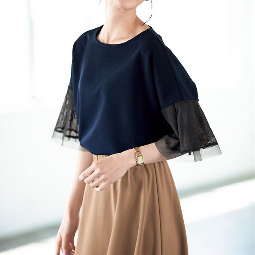 60%OFF【レディース】 チュールレーススリーブプルオーバー - セシール ■カラー：ネイビー ■サイズ：S,M,L,LL,3L