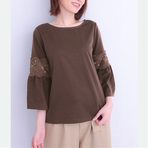50%OFF【レディース】 レース使いフレア袖プルオーバー - セシール ■カラー：ブラウン ■サイズ：S,M
