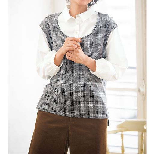 60%OFF【レディース】 ジャカードベストレイヤード風プルオーバー - セシール ■カラー：チェック ■サイズ：S,M,L