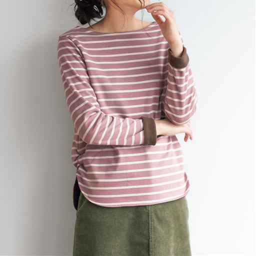 【レディース】 あったか裏フリースボーダーT(長袖)(表側綿混・洗濯機OK) ■カラー：スモークピンク×生成り ■サイズ：S,M,L,LL,3L