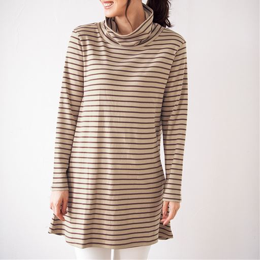 【レディース】 あったかシンプルルーズネックTシャツ(S-5L・綿100%・蓄熱保温) ■カラー:ボーダーB(ベージュ/ブラウン ■サイズ:LL,3L,4L-5L,S,M,L