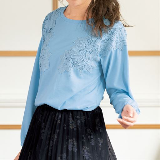 60%OFF【レディース大きいサイズ】 レース使いカットソー - セシール ■カラー：サックス ■サイズ：3L,6L
