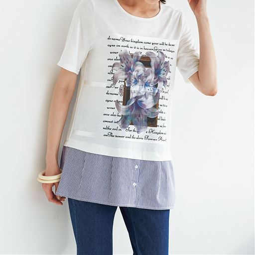 50%OFF【レディース】 異素材使いプリントTシャツ - セシール ■カラー：オフホワイト ■サイズ：L,LL,3L