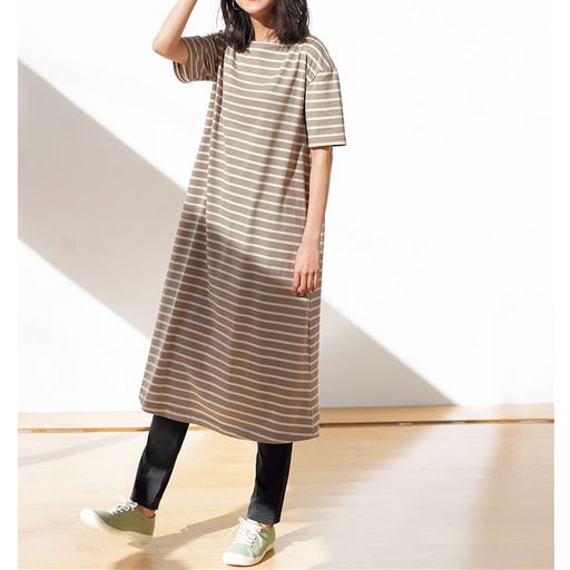 49%OFF【レディース】 ボーダーロングチュニック ■カラー：グレージュ×キナリ ■サイズ：M,L,LL