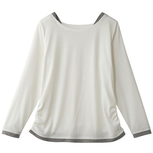 60%OFF【レディース】 配色とシャーリングが可愛い綿混Tシャツ(洗濯機OK) - セシール ■カラー：オフホワイト ■サイズ：M,L,LL,3L