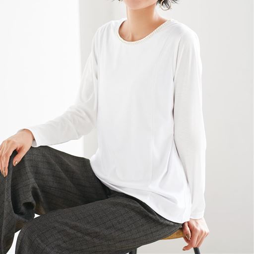 50%OFF【レディース大きいサイズ】 【ぽっちゃりさんサイズ】2枚仕立てビジュー使いTシャツ(長袖) ■カラー：オフホワイト ■サイズ：L,LL,3L,4L,5L,6L