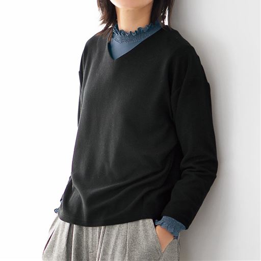 50%OFF【レディース】 前後Vネックのゆったりカットソー(綿混) ■カラー：ブラック ■サイズ：M,L,LL,3L
