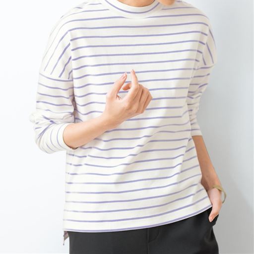 ハイネックボーダーTシャツ(長袖)(綿100%・洗濯機OK) | M(オフホワイト×パープル)