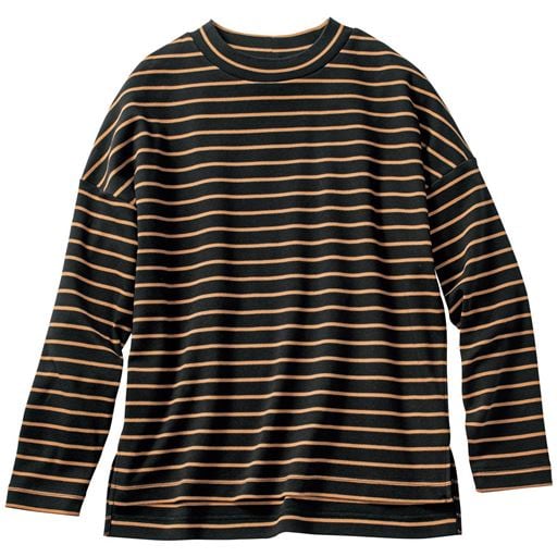 ハイネックボーダーTシャツ(長袖)(綿100%・洗濯機OK) | H(ブラック×キャメル)