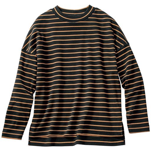 【レディース】 ハイネックボーダーTシャツ(長袖)(綿100%・洗濯機OK) ■カラー：ブラック×キャメル ■サイズ：M,L,LL,3L