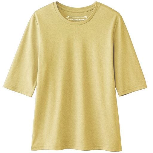 【レディース】 シンプルクルーネックTシャツ(5分袖)(洗濯機OK) - セシール ■カラー：ライムイエロー ■サイズ：3L,4L,S,M,L,LL