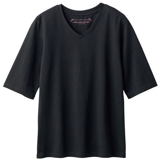 【レディース】 シンプルVネックTシャツ(5分袖)(洗濯機OK) ■カラー：ブラック ■サイズ：S,M,L,LL,3L,4L,5L