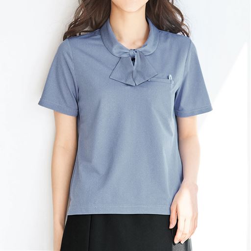 【レディース】 カットソー リボンタイブラウス(事務服・洗濯機OK)/きれいに見えて動きやすい - セシール ■カラー：ブルー ■サイズ：M,L,3L