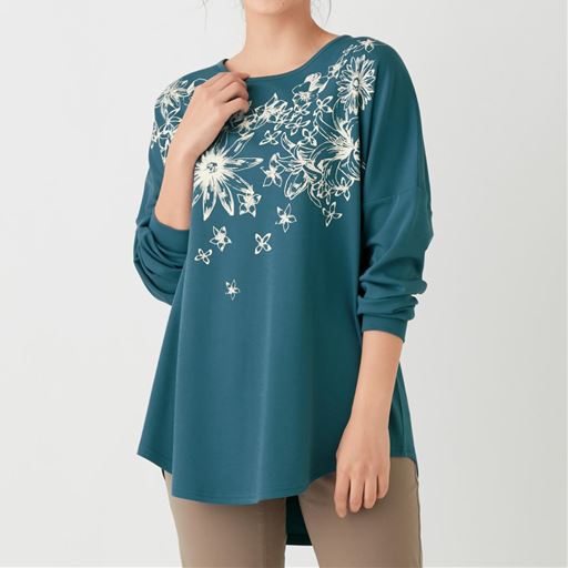 40%OFF【レディース大きいサイズ】 【ぽっちゃりさんサイズ】ドロップショルダープリントTシャツ(ゆったりサイズ)(綿100%) ■カラー：アンティックブルー ■サイズ：L-LL,3L-4L,5L-6L