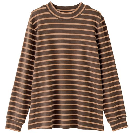 【レディース大きいサイズ】 【ぽっちゃりさんサイズ】やさしい着心地のモックネックTシャツ(綿混・洗濯機OK) ■カラー：ボーダーA(ブラウン×ベージュ) ■サイズ：L,LL,3L,4L