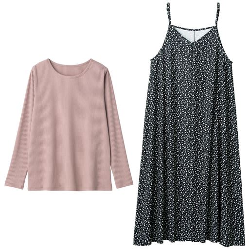 50%OFF【レディース大きいサイズ】 【ぽっちゃりさんサイズ】2点セット(リブ長袖Tシャツ+キャミワンピース)(洗濯機OK) - セシール ■カラー：プリントA(ブラック系小花柄) ■サイズ：L,LL,3L,4L