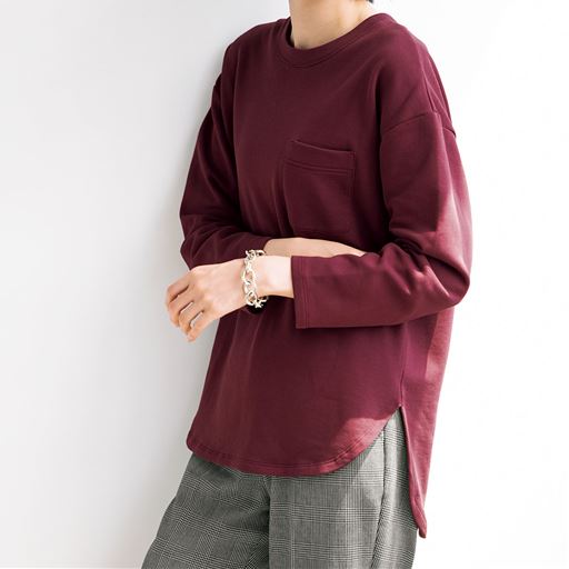 【レディース】 裏起毛クルーネックTシャツ(綿100%・洗濯機OK) - セシール ■カラー：ワイン ■サイズ：M