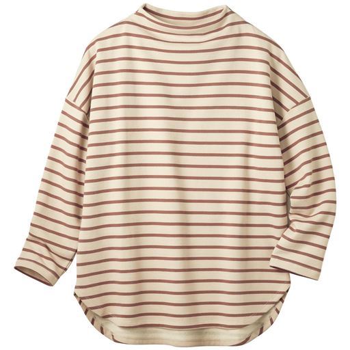 【レディース】 裏起毛ボトルネックボーダーTシャツ(綿100%・洗濯機OK) ■カラー：オレンジ ■サイズ：M,L,LL,3L