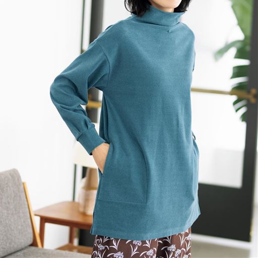 【レディース】 ボトルネックチュニック - セシール ■カラー：ティールブルー ■サイズ：M,L,LL,3L