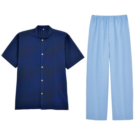 【メンズ】 バンドカラーサッカーシャツパジャマ(半袖) - セシール ■カラー：チェック ■サイズ：LL,5L,3L