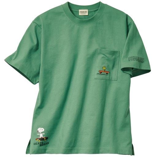 ＜セシール＞【レディース】 【男女兼用】綿100%ポケット付きTシャツ(SNOOPY) ■カラー：ソフトグリーン ■サイズ：SMLLL3L