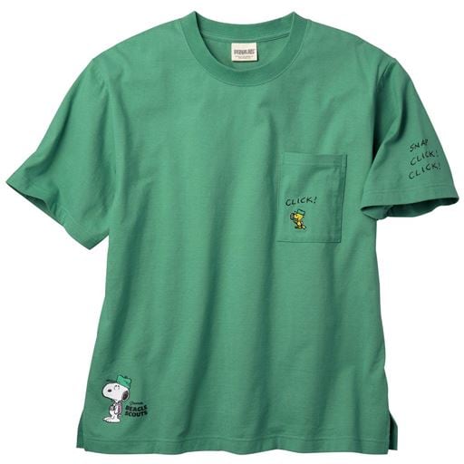 【レディース】 【男女兼用】綿100%ポケット付きTシャツ(SNOOPY) - セシール ■カラー：グリーンA ■サイズ：S,L