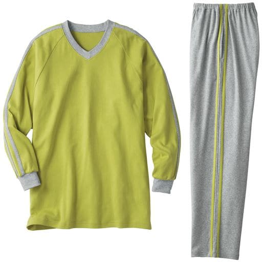 【レディース】 綿100%VネックTタイプパジャマ(男女兼用) ■カラー：イエローグリーン ■サイズ：S,M,L,LL,3L,5L