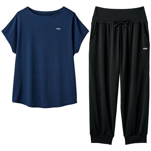 40%OFF【レディース】 コーデを考える必要なしの上下セット!家周りで着るのも◎FILA 速乾UVカット(プルオーバー+パンツ) - セシール ■カラー：ネイビー×ブラック ■サイズ：M,LL