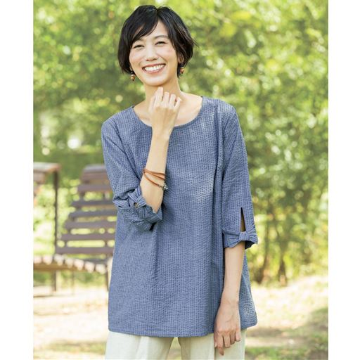 【レディース】 オーガニックコットンサッカーブラウス - セシール ■カラー：デニム調 ■サイズ：M,L,LL