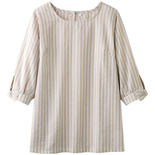 【レディース】 オーガニックコットンサッカーブラウス ■カラー：ベージュ系ストライプ ■サイズ：L,LL
